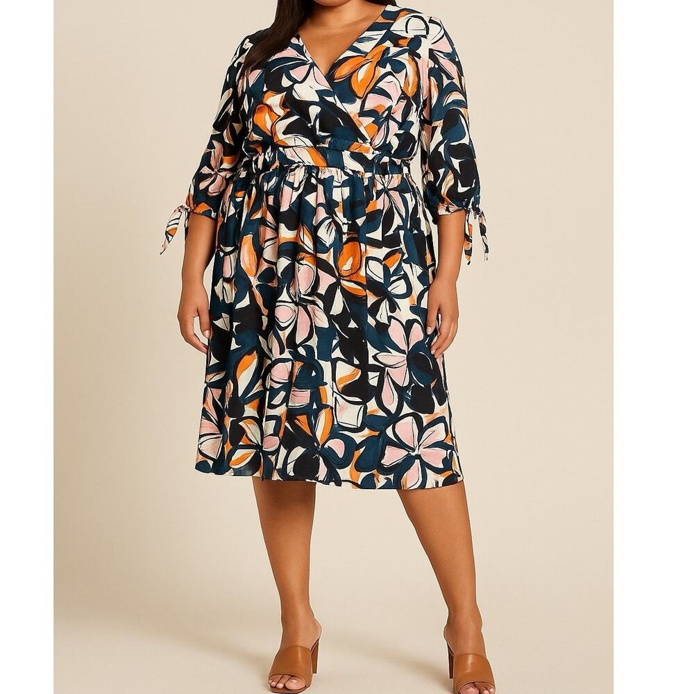 ELOQUII Abstract‎ Floral Midi Dress Surplice V-neck Fit & Flare Tie Sleeve 14